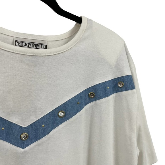 NWT Vintage Peter Popovitch White Blue Denim Rhinestone Studded Tee Large - Picture 2 of 6